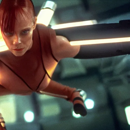 Prompt: The matrix, LeeLoo, Starship Troopers, Sprinters in a race, The Olympics footage with crowd cheering, intense moment, cinematic stillframe, shot by Roger Deakins, The fifth element, vintage robotics, formula 1, starring Geena Davis, clean lighting