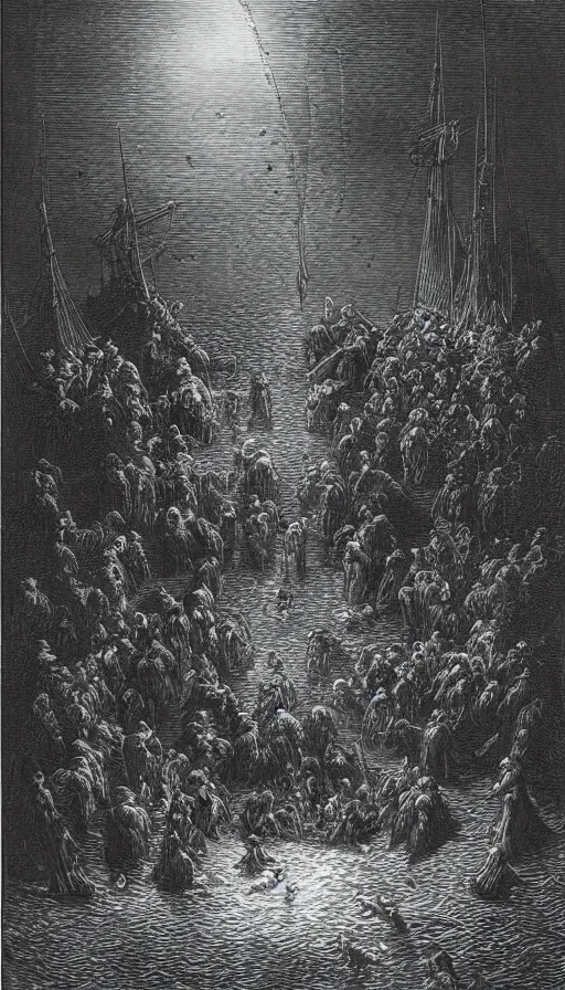 Prompt: one hundred hooded cultists, under the sea, dark fantasy illustration, gustave dore