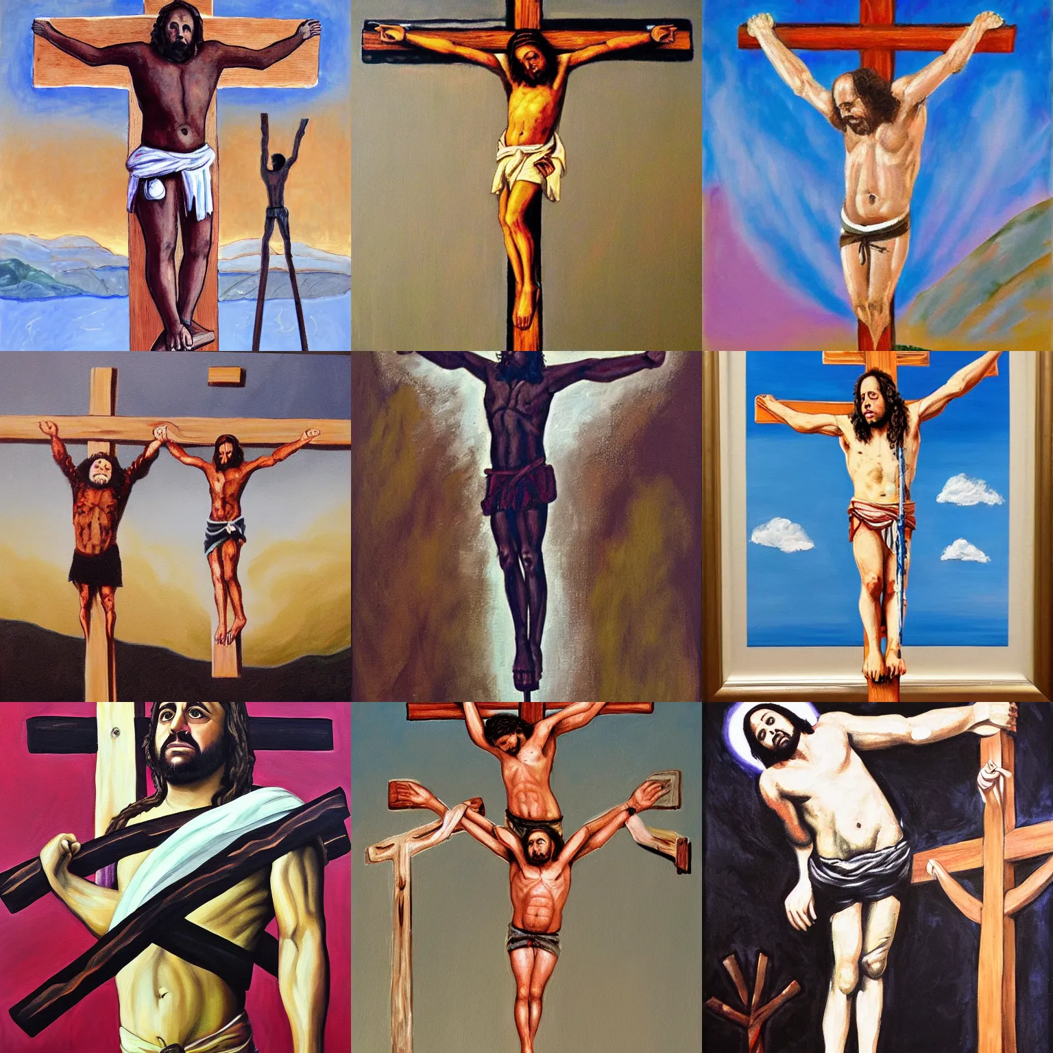 Prompt: Painting of the crucifixion of Danny Devito
