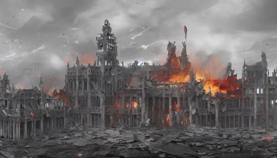 Image similar to destroyed palace of justice of brussels on fire, grey sky, debris, collapsing, hyperdetailed, artstation, cgsociety, 8 k