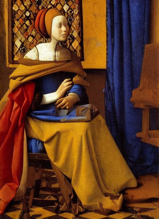 Image similar to paints, brushes, medieval painting by jan van eyck, johannes vermeer, florence