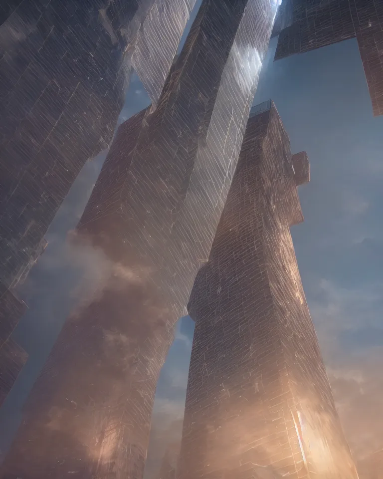 Prompt: warm photo of a majestic iridescent ethereal elevators to the sky, multidimensional, archviz, uhd, unreal engine, concept art, octane, vizlab studio