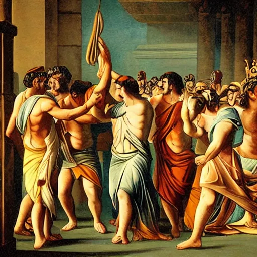 Prompt: ancient greek people fight against managers