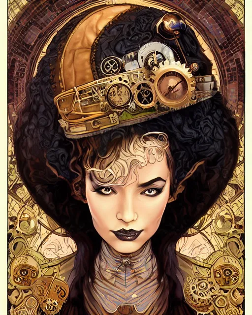 Prompt: a detailed portrait illustration of a steampunk sorceress - laywer. beautiful obese black female face. art nouveau, pop art, comic book style. influenced by neil gaiman, h. p. lovecraft, dan mumford, brian froud, kehinde wiley, killian eng, ross tran.