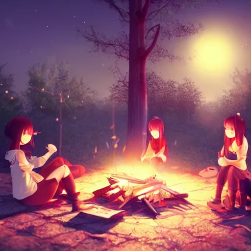 Prompt: very beautiful cute girls sitting around campfire at night, anime art, low angle, trending on artstation, pixiv, octane render, visual novel cg