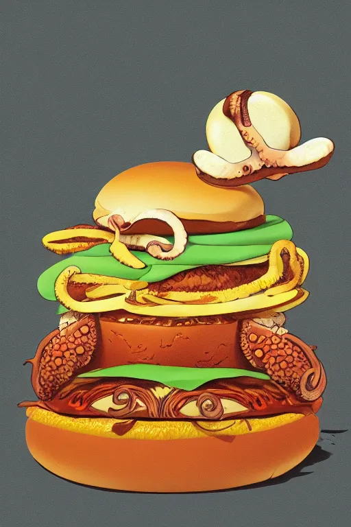 Image similar to fine art illustration of a an octopus inside a cheeseburger, poster, highly detailed, 8 k, vintage, trending on artstation