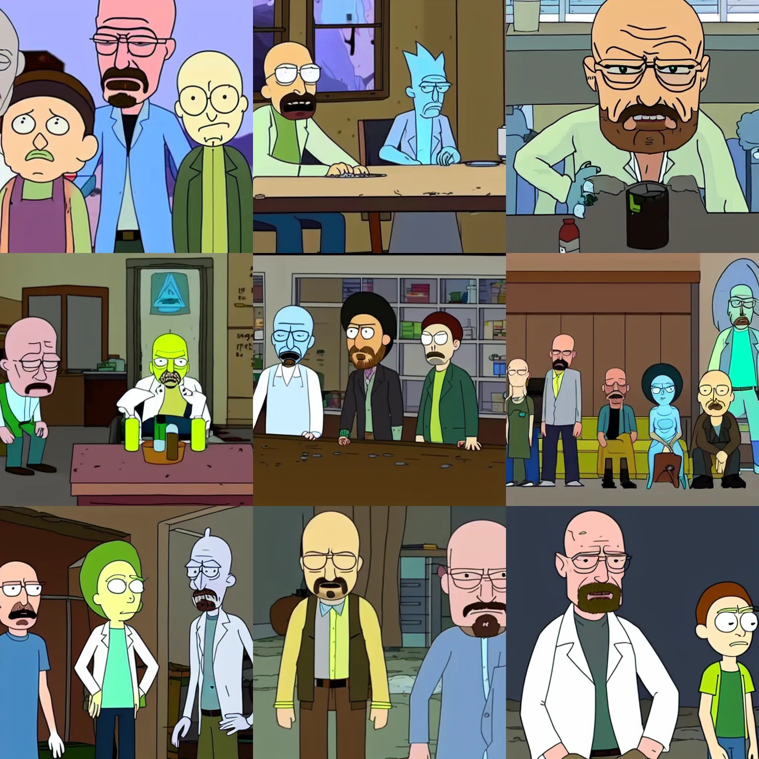 Prompt: Walter White from Breaking Bad is a character in the series Rick and Morty, makes potions with Rick and Morty