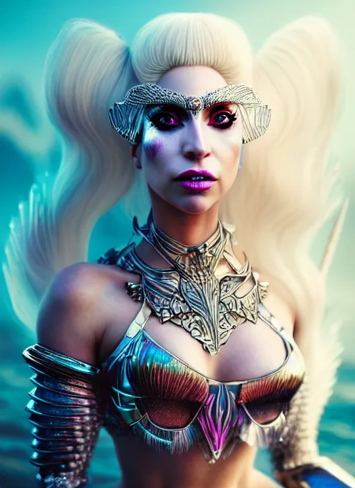 Prompt: portrait of mermaid warrior, intricate, lady gaga, sharp focus, octane render, tokidoki, detailed, beautiful, unreal engine, symmetrical!!, loreal, maybelline, sephora, loreal, artstation, art by artgerm, rossdraws, makeup by pat mcgrath, cinematic, concept art, filmic, vsco