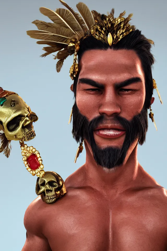 Image similar to A indigenous muscle man with skull head, gold and jade jewelry, feather crown, in the style of Z.W. Gu from trending on artstation, HD, Octane render, smooth, sharp focus, Anime style