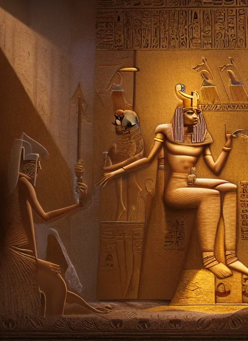 Prompt: a spectacular 3 d matte painting of ancient egypt god ra with golden feathers, diaphanous moonlight, worship, tarot, religious, backlit, hyperrealistic, ultrawide angle, smooth, texture, intricate, fantasy, trending on artstation, volumetric lighting, hyperdetailed, 3 d sculpture, unreal engine