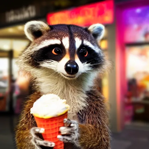 Prompt: An extremely high quality 4k photograph of Rocket Racoon getting ice cream at the mall, award-winning photo, bright happy atmosphere, fluorescent lighting, 4800K, Deep depth of field, f/22, 35mm, #RocketRaccoon