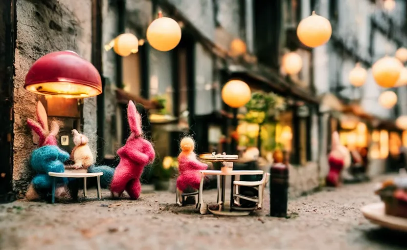 Image similar to miniature cafe diorama macro photography, cafe with felted bunnies, alleyway, ambient, atmospheric, british, cozy, bokeh, romantic, colorful lanterns