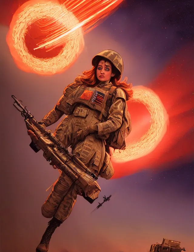 Image similar to a brown - haired woman in a military uniform hovering in the air glowing with red light and crackling energy, by frank fazetta and moebius, trending on artstation, digital art, 4 k resolution, detailed, high quality, sharp focus, hq artwork, coherent, insane detail, concept art, character concept, character full body portrait