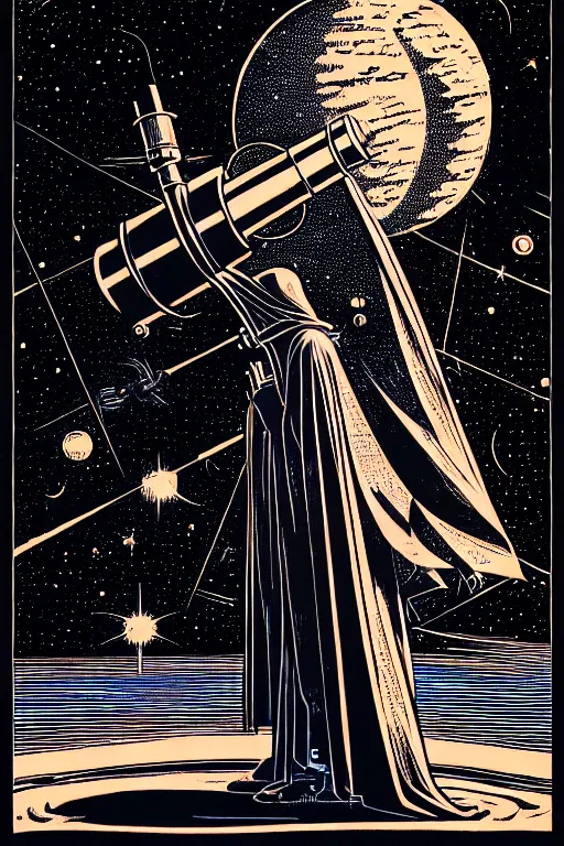 Image similar to cloaked wizard looking into a telescope, high details, intricately detailed, by vincent di fate, inking, 3 color screen print, masterpiece, trending on artstation,, sharp, details, hyper - detailed, hd, 4 k, 8 k