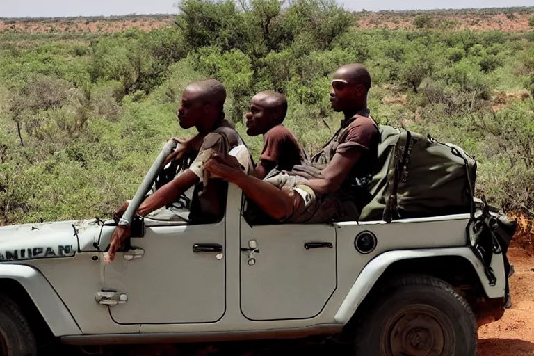 Image similar to cinematography police sitting on jeep in Africa by Emmanuel Lubezki