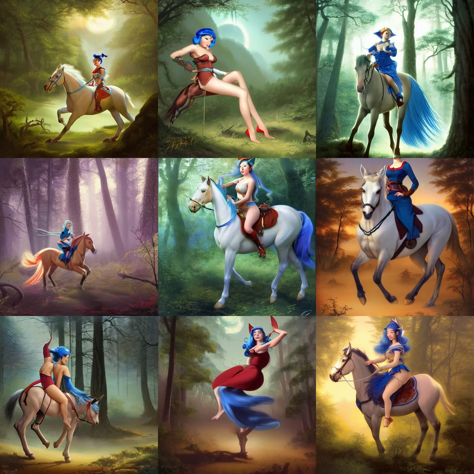 Prompt: a beautiful young asian elf woman with blue hair and elf ears, riding a horse in a hazy forest at dusk, digital art by Gil Elvgren