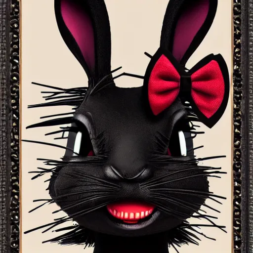 Image similar to A extremely highly detailed majestic hi-res beautiful, highly detailed head and shoulders portrait of a scary terrifying, horrifying, creepy black cartoon rabbit with a bowtie and scary big eyes, earing a shirt laughing, hey buddy, let's be friends, in the style of Walt Disney