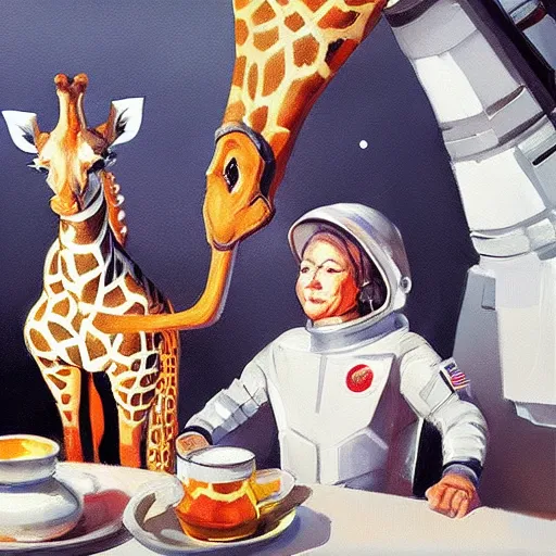 Image similar to a giraffe dressed like an astronaut drinking tea with queen isabel, trending on artstation, art by greg manchess, guangjian, detailed digital art, artstation hd