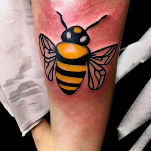 Image similar to a tattoo of bee movie by pixar on the clear back of a woman with crimson - red hair, tattooist is anonymous