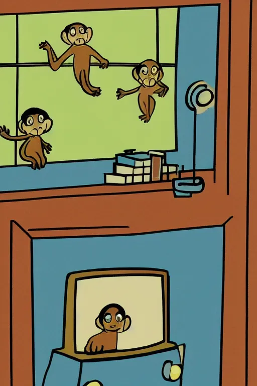 Image similar to an illustration of monkeys watching tv in the style of goodnight moon by margaret wise brown