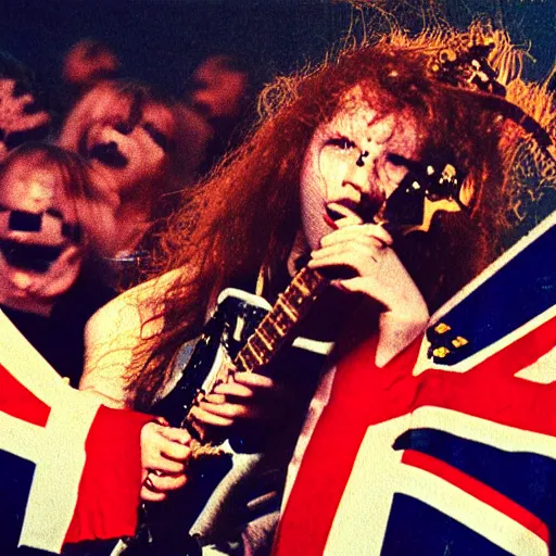 Image similar to 1 9 - year - old girl in a traditional doom metal band, new wave of british heavy metal, live in concert, live 1 9 8 6, united kingdom flags, union jack, playing electric guitar, headbanging crowd of longhairs, audience of longhairs, super 8 mm, grainy photo, colorized