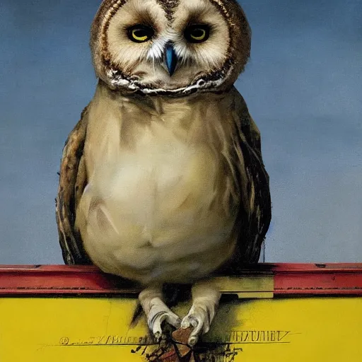 Image similar to obese physique feathered round beak Portrait of Henry James camouflaged as Owl whilst wearing a yellow tuxedo Standing atop a Garbage Truck Greg Rutkowski Vik Muniz clarence holbrook carter Andrew Wyeth Dan Witz