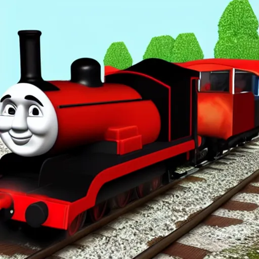 Image similar to photo realistic black and red thomas the tank engine with a white face going fast