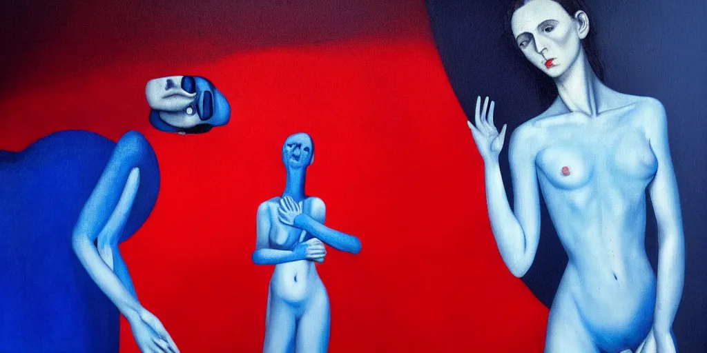 Image similar to only with blue, high fashion model shooting a cop, too many hands in all directions, in hoc signo vinces, waterfall, in the style of leonora carrington, gottfried helnwein, intricate composition, blue light by caravaggio, insanely quality, highly detailed, masterpiece, red light, artstation