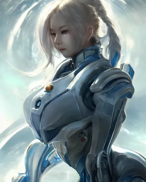 Image similar to detailed portrait of perfect android girl, warframe armor, beautiful face, scifi, futuristic, space station, laboratory, song hye - kyo, dreamy, long white hair, blue cyborg eyes, cinematic lighting, innocent, highly detailed, sharp focus, smooth, artstation, intricate, award winning, pure aura, divine, by akihiko yoshida