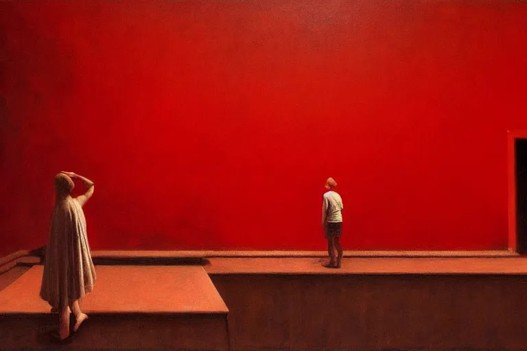 Image similar to only with red, crowd screaming, an exposed painting in a roman theater, in the style of beksinski, parts by edward hopper, parts by rodcenko, parts by yue minjun, intricate and epic composition, red by caravaggio, insanely quality, highly detailed, masterpiece, red light, artstation, 4 k