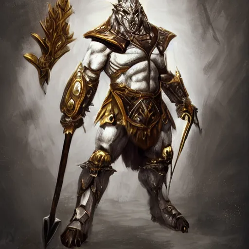 Prompt: Giant minotaur humanoid beast warrior with two handed axe, concept art, heavy white and golden armor, giant horns, portrait, dungeons and dragons, hyperrealism, high details, digital painting, dark fantasy