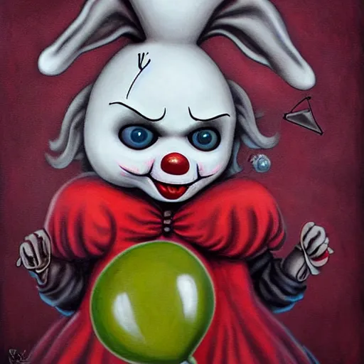 Image similar to grunge cartoon painting of a bunny with a wide smile and a red balloon by chris leib, loony toons style, pennywise style, horror theme, detailed, elegant, intricate