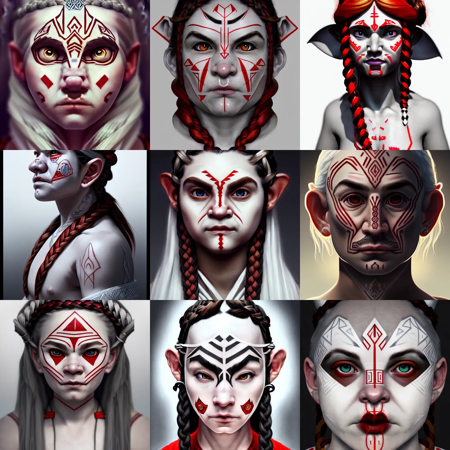 Prompt: line art halfling with strange geometric facial tattoos, pale - white skin, red eyes, grey robe, white braided hair, tired haunted expression, artstation, low angle oil painting composition laws, cinematic lighting, hyper - detailed 8 k