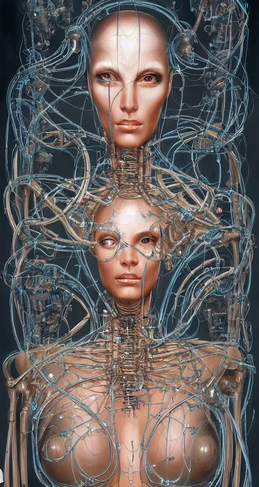 Prompt: a robotic goddess with transparent skin, robotic a fine wiring skeleton, highly detailed, digital painting, smooth, sharp, beautiful face, expressive eyes, highly intricate, art by Boris Vallejo and H.R. Giger