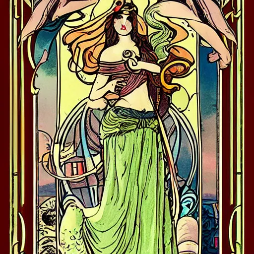 Prompt: the charriot tarot card illustration in art nouveau style