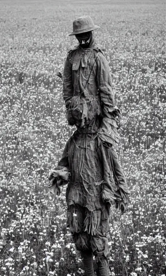 Image similar to human-like scarecrow wearing torn military clothes in beautiful meadow of flowers, ww1 photo, grainy, high detail, high resolution,