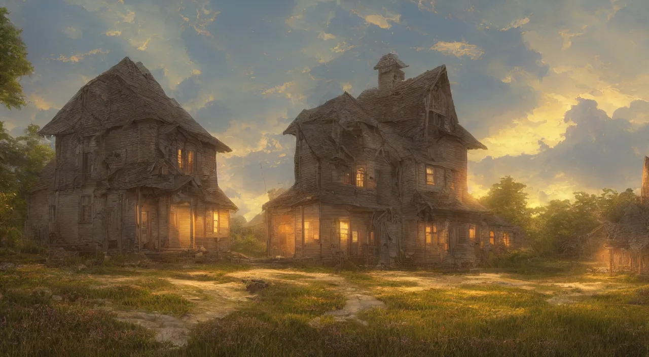 Prompt: Old house in the middle of the saline, by Makoto Shinkai and Thomas Kinkade, fantasy matte painting, trending on cgsociety and unreal engine，light effect，highly detailed，super wide angle，