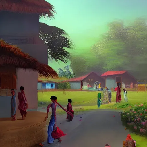 Prompt: aesthetic Matt painting of a beautiful desi village life, atmospheric, trending on artstation