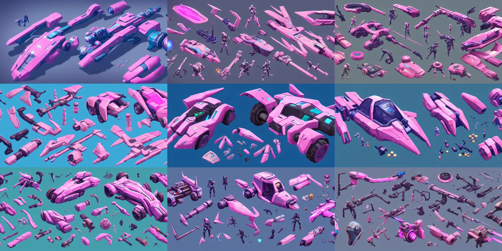 Prompt: game asset of the sims futuristic vehicle parts and attachments, in gouache detailed paintings, props, stylized, 2 d sprites, kitbash, arcane, overwatch, blue and pink color scheme, 8 k, close up