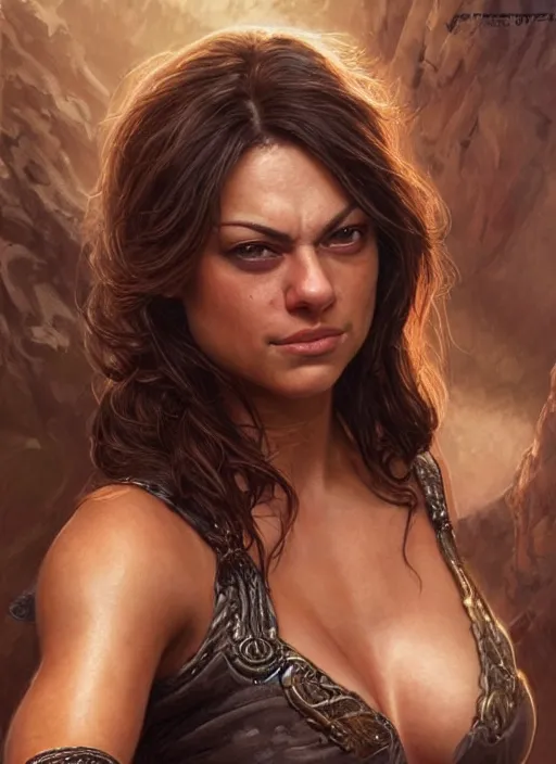 Image similar to muscled Mila Kunis grinning as a ruggedly handsome heroine, intricate, elegant, highly detailed, centered, artstation, concept art, smooth, sharp focus, illustration, bokeh art by artgerm and donato giancola and Joseph Christian Leyendecker, WLOP