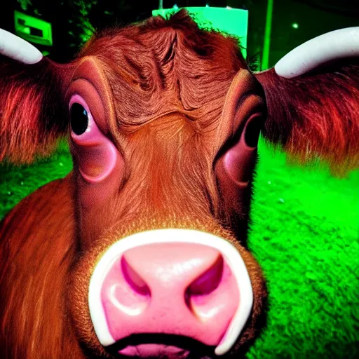 Image similar to ultra - realistic close - up of creepy cow at night, fish - eye - lense, disturbing horror photo