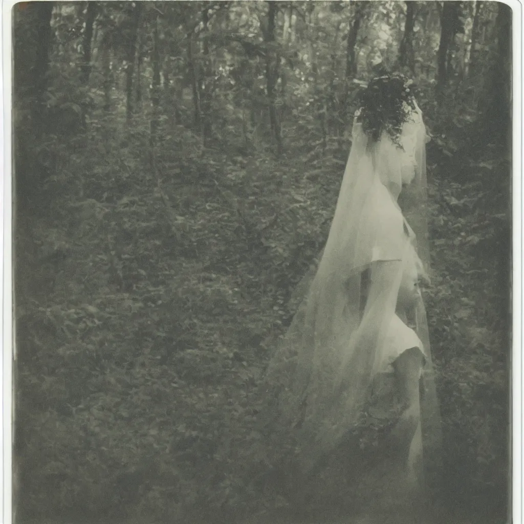 Prompt: polaroid vintage of a woman with black veil in the forest