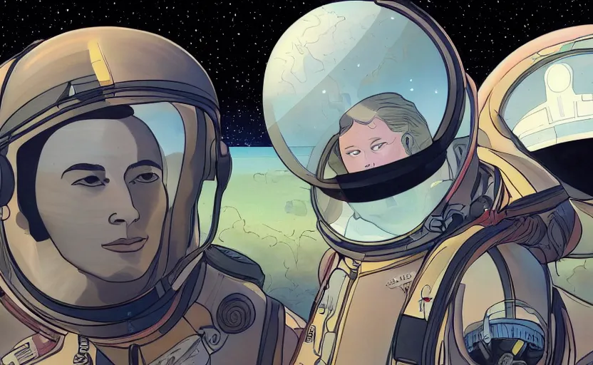 Prompt: a portrait of Alain Delon pilot in spacesuit headphones in pacing on field forrest spaceship station landing laying lake artillery outer worlds shadows in FANTASTIC PLANET La planète sauvage animation by René Laloux