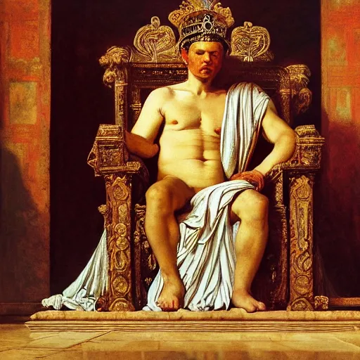 Image similar to Realistic painting of a roman emperor sitting on his throne in his palace dramatic lighting, high-detailed oil painting by Ilya Repin, William Blake, Michelangelo da Caravaggio, Alex Grey and Beksinski, masterpiece, 4k