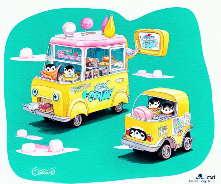 Image similar to cute and funny, penguin riding in a tiny ice cream truck, ratfink style by ed roth, centered award winning watercolor pen illustration, isometric illustration by chihiro iwasaki, edited by range murata, tiny details by artgerm and watercolor girl, symmetrically isometrically centered, sharply focused