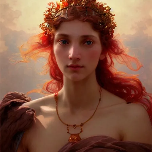 Prompt: portrait of a germanic cloud goddess, with red skin, intricate, elegant, highly detailed, digital painting, artstation, concept art, smooth, sharp focus, illustration, art by artgerm and greg rutkowski and alphonse mucha and william - adolphe bouguereau