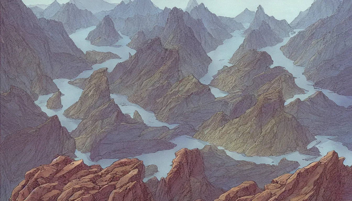 Prompt: epic fjords by moebius