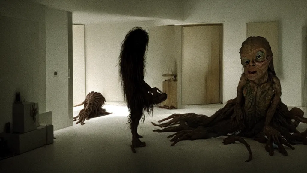 Image similar to the creature on the house in the house, film still from the movie directed by denis villeneuve and david cronenberg, with art direction by salvador dali, wide lens