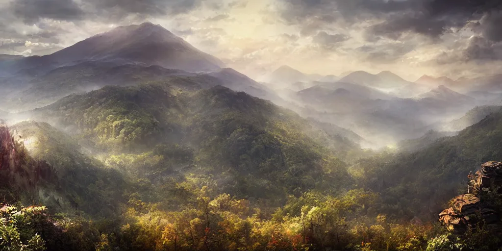 Image similar to appalachian mountain landscape, matte painting by andreas franke