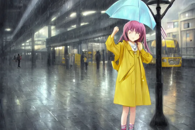 Prompt: A beautiful anime digital painting of a photorealistic a little girl in yellow raincoat ,bus station ,rainny,, high quality, photorealistic, 4k hd, sharp, by Stanley Artgerm Lau, WLOP, Rossdraws, James Jean, Andrei Riabovitchev, Marc Simonetti, and Sakimichan, gorgeous lighting, well lit, backlit, dramatic cinematic lighting